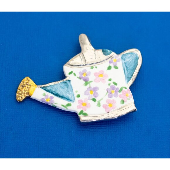 Vintage Ceramic Watering Can Pink Flower Gardening Brooch D10 - Picture 1 of 2